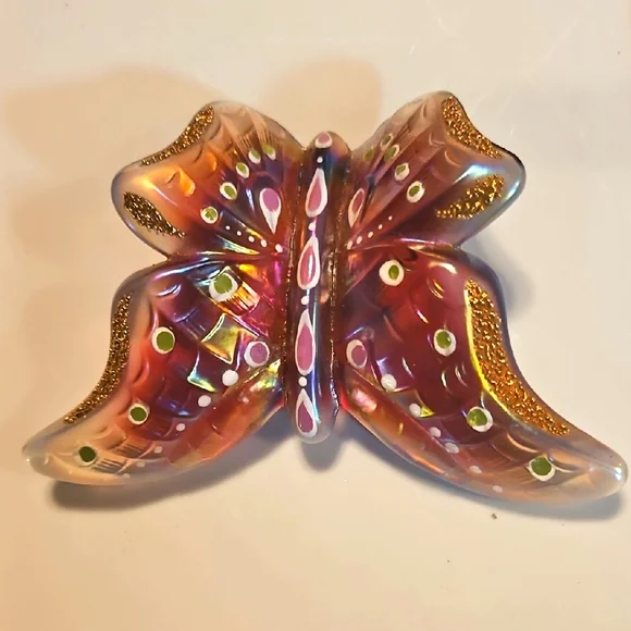 Hand Painted And Signed Fenton Purple and Gold Glass Art Butterfly - Picture 1 of 5